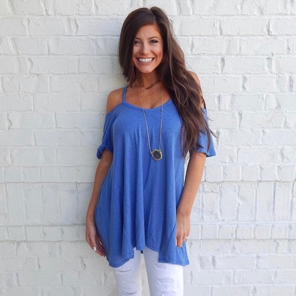 Royal Blue Cold Shoulder Top - Picture 1 of 8